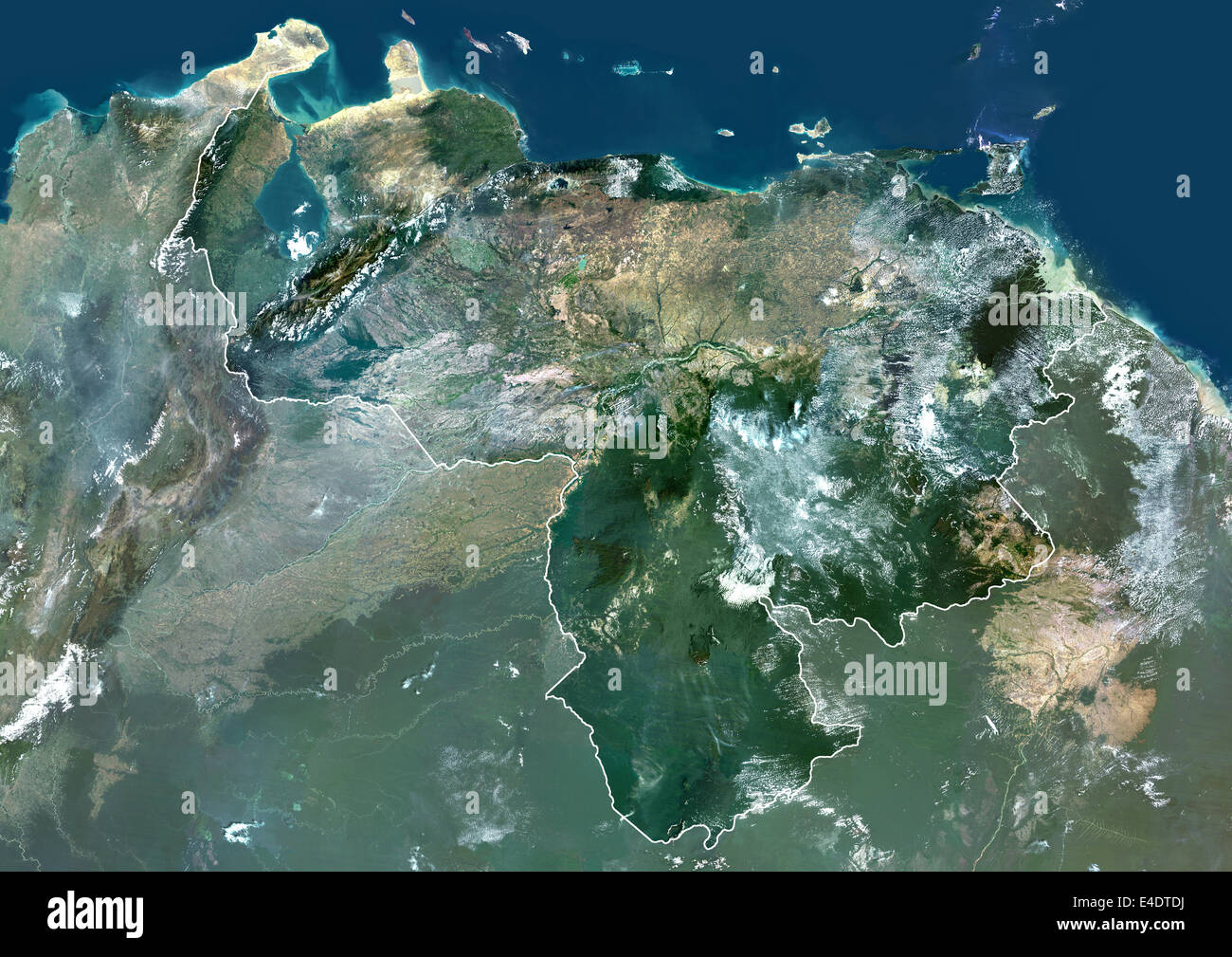 Venezuela, South America, True Colour Satellite Image With Border And Mask. Satellite view of Venezuela (with border and mask). Stock Photo