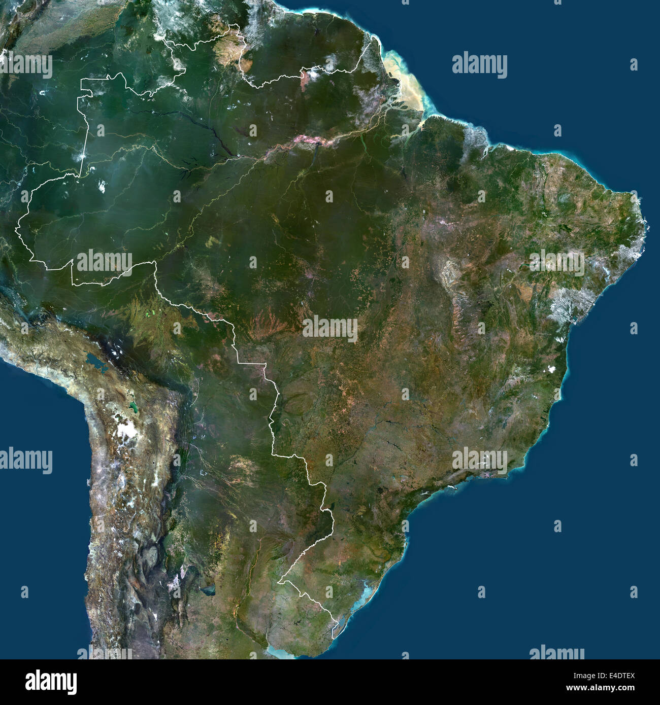 Brazil, South America, True Colour Satellite Image With Border. Satellite view of Brazil (with border), print size 42x42cm. This Stock Photo