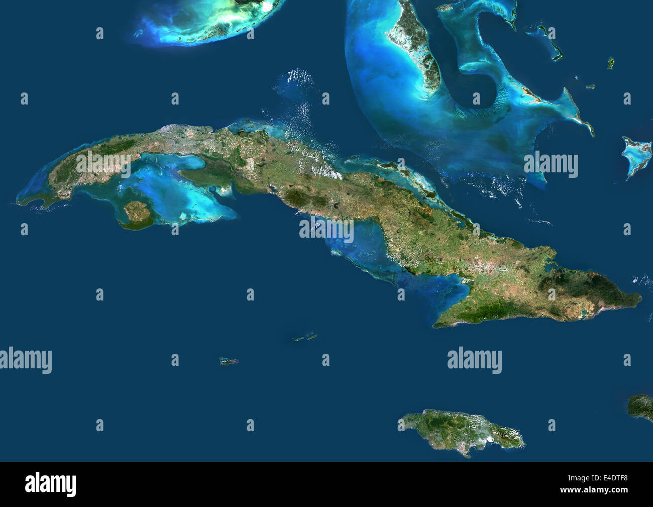 Cuba And Cayman Islands, Caribbean, True Colour Satellite Image. Satellite view of Cuba and the Cayman islands. This image was c Stock Photo