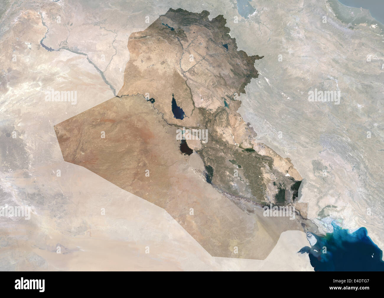 Iraq, True Colour Satellite Image With Mask. Iraq, true colour satellite image with mask. North is at top. Iraq comprises a gree Stock Photo