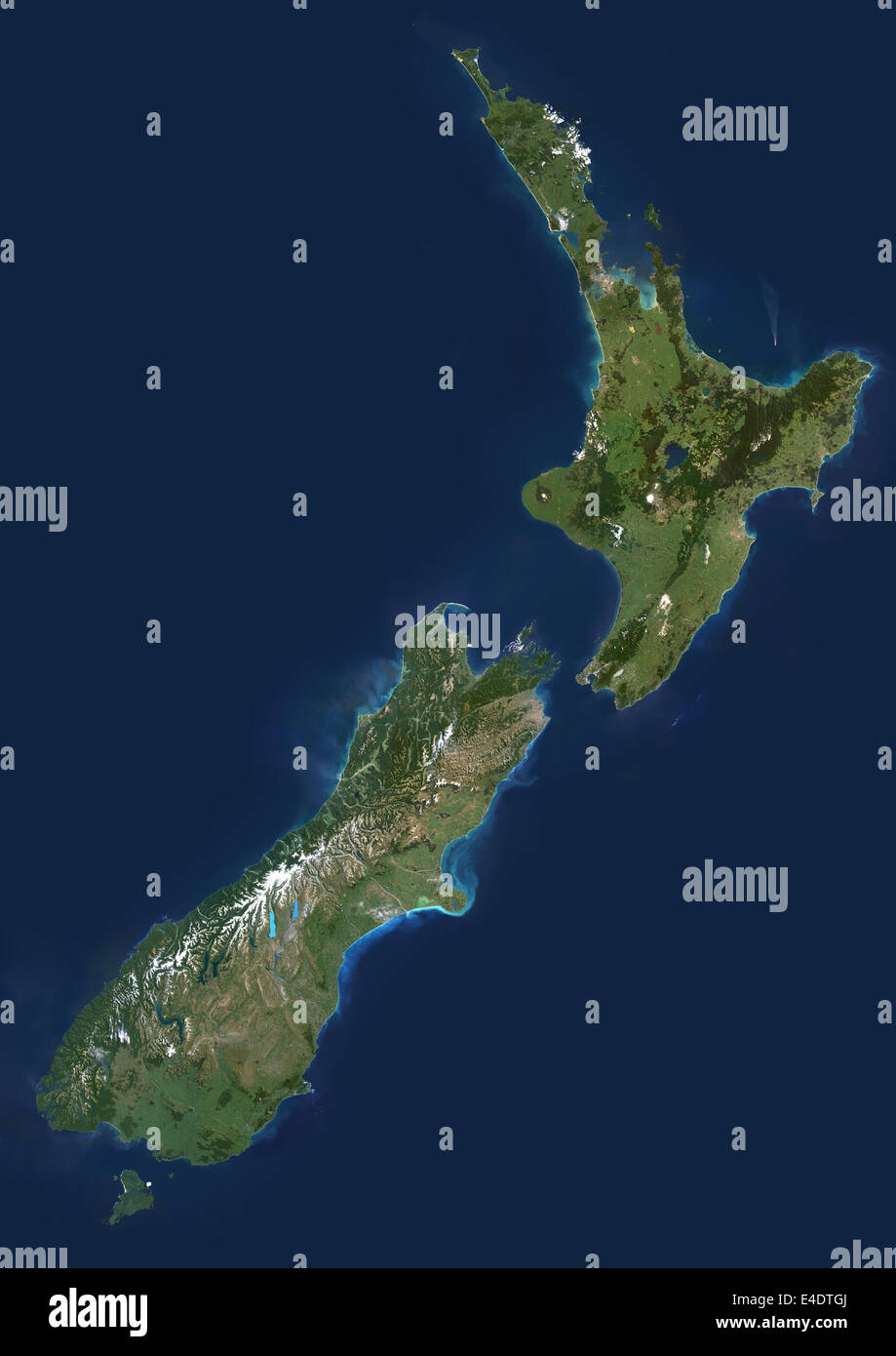New Zealand, True Colour Satellite Image. New Zealand, true colour satellite image. This image was compiled from data acquired b Stock Photo