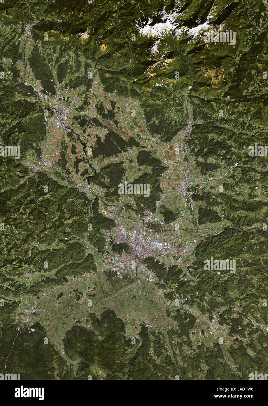 Ljubljana, Slovenia, True Colour Satellite Image. Ljubljana, Slovenia. True colour satellite image of Ljubljana, the capital cit Stock Photo
