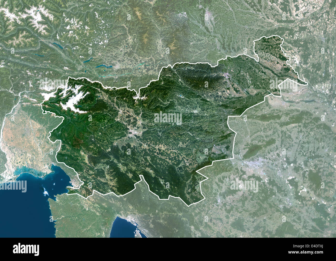Slovenia, Europe, True Colour Satellite Image With Border And Mask. Satellite view of Slovenia (with border and mask). This imag Stock Photo