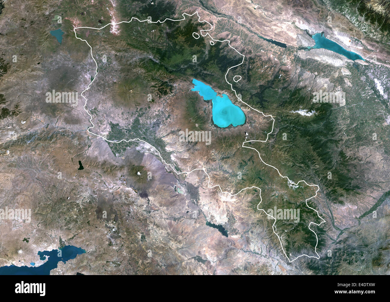 Armenia, Asia, True Colour Satellite Image With Border. Satellite view of Armenia (with border). This image was compiled from da Stock Photo