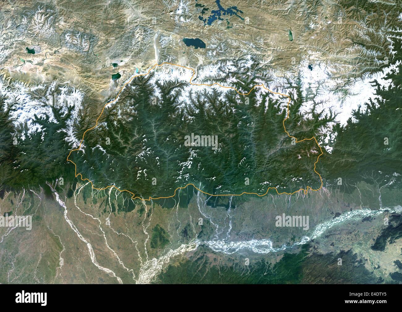 Bhutan, Asia, True Colour Satellite Image With Border. Satellite view of Bhutan (with border). This image was compiled from data Stock Photo