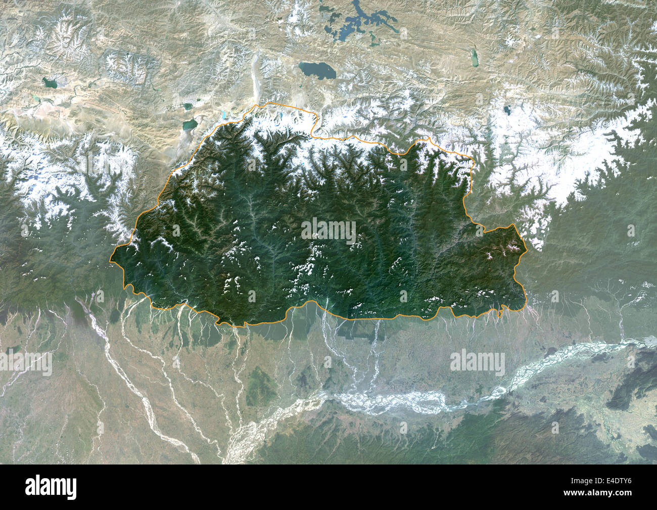 Bhutan, Asia, True Colour Satellite Image With Border And Mask. Satellite view of Bhutan (with border and mask). This image was Stock Photo