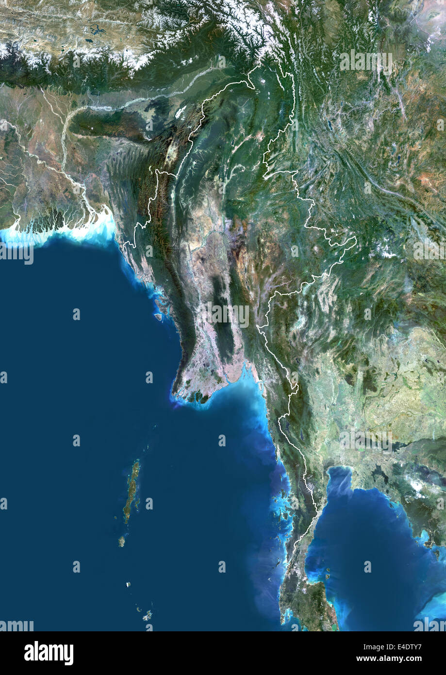 Myanmar (Burma), Asia, True Colour Satellite Image With Border. Satellite view of Myanmar (Burma) with border. This image was co Stock Photo