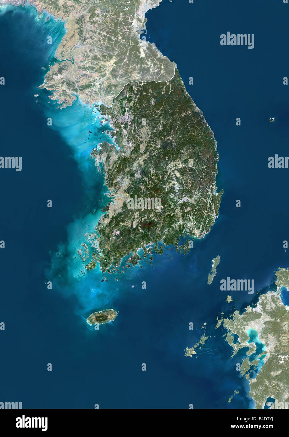 South Korea, Asia, True Colour Satellite Image With Border And Mask. Satellite view of South Korea (with border and mask). This Stock Photo