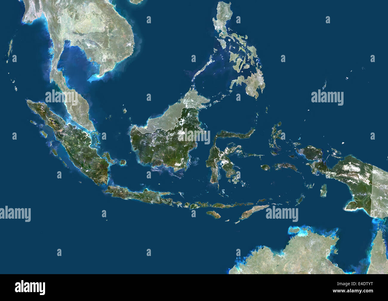 Indonesia, Asia, True Colour Satellite Image With Border And Mask. Satellite view of Indonesia (with border and mask). This imag Stock Photo