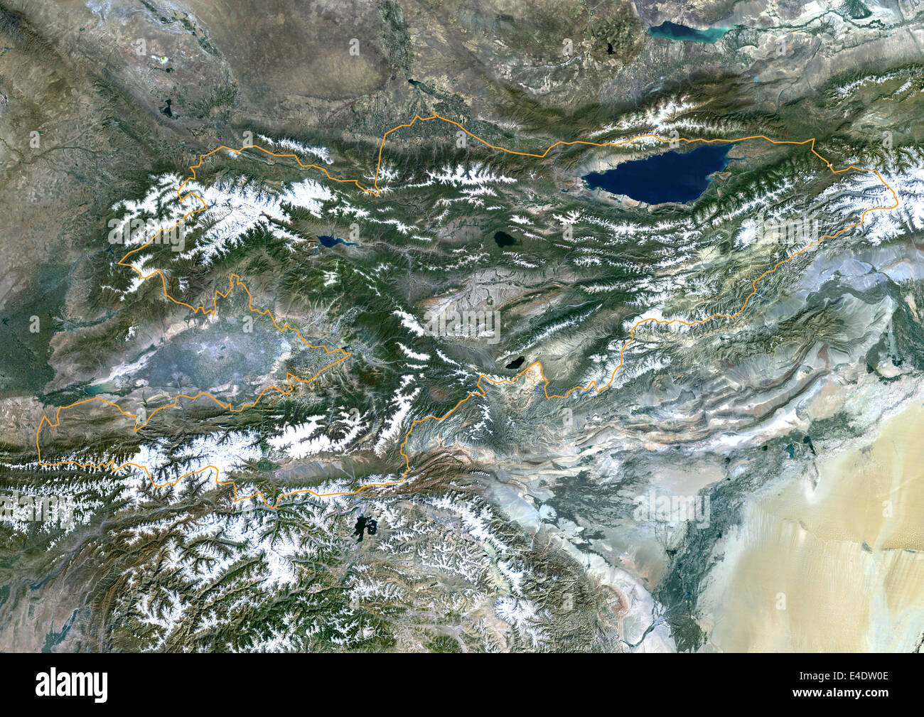 Kyrgyzstan, Asia, True Colour Satellite Image With Border. Satellite view of Kyrgyzstan (with border). This image was compiled f Stock Photo