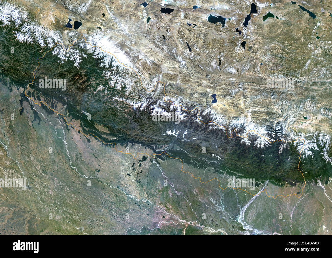 Nepal, Asia, True Colour Satellite Image With Border. Satellite view of Nepal (with border). This image was compiled from data a Stock Photo