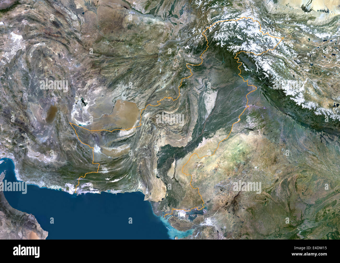 Pakistan, Asia, True Colour Satellite Image With Border. Satellite view of Pakistan (with border). This image was compiled from Stock Photo