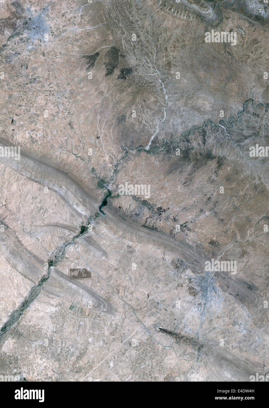 Oil Extraction, Kirkouk, Iraq, True Colour Satellite Image. Oil extraction in the region of Kirkouk, 250 km North of Baghdad ; d Stock Photo