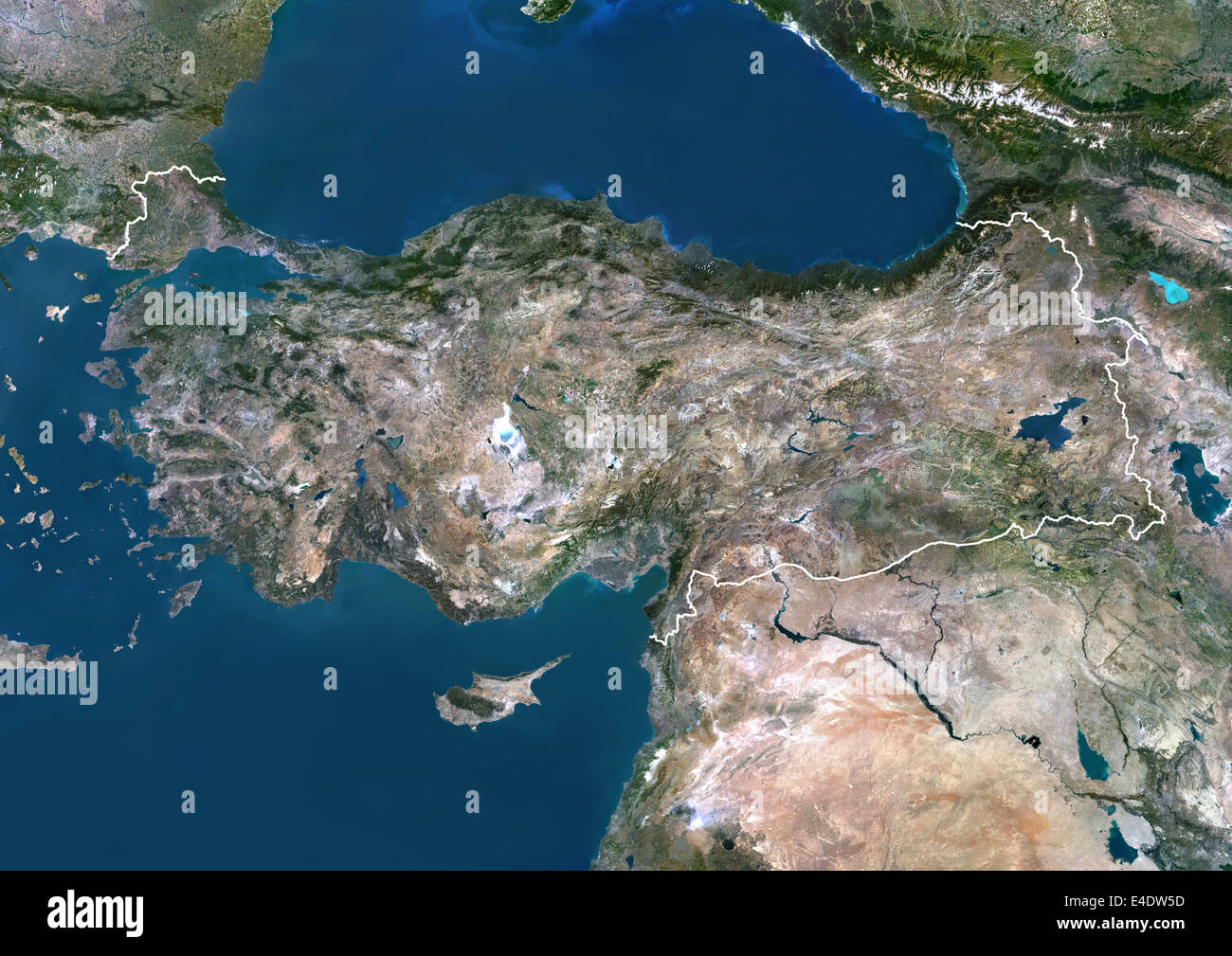 Turkey, Asia, True Colour Satellite Image With Border. Satellite view of Turkey (with border). This image was compiled from data Stock Photo