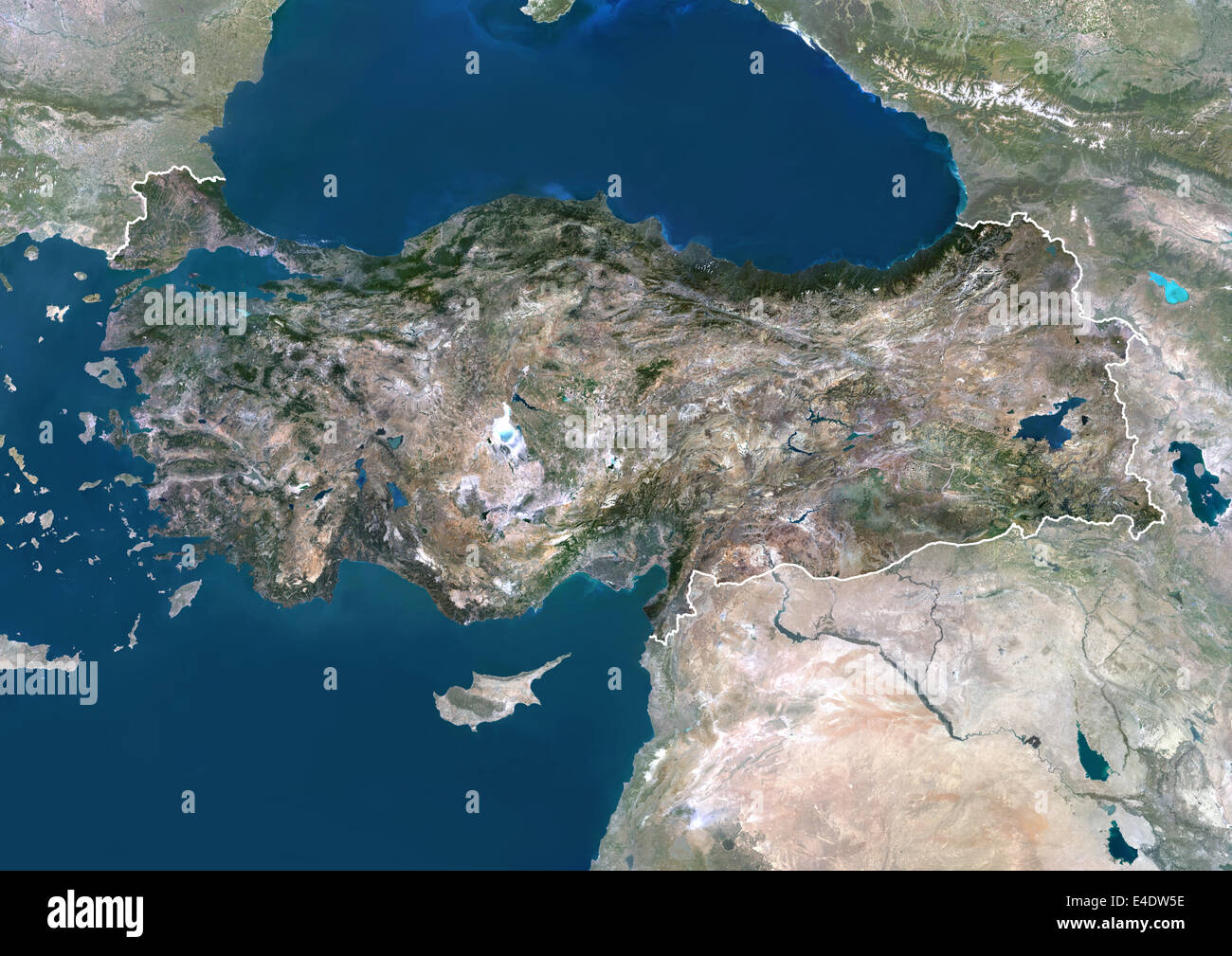 Turkey, Asia, True Colour Satellite Image With Border And Mask. Satellite view of Turkey (with border and mask). This image was Stock Photo