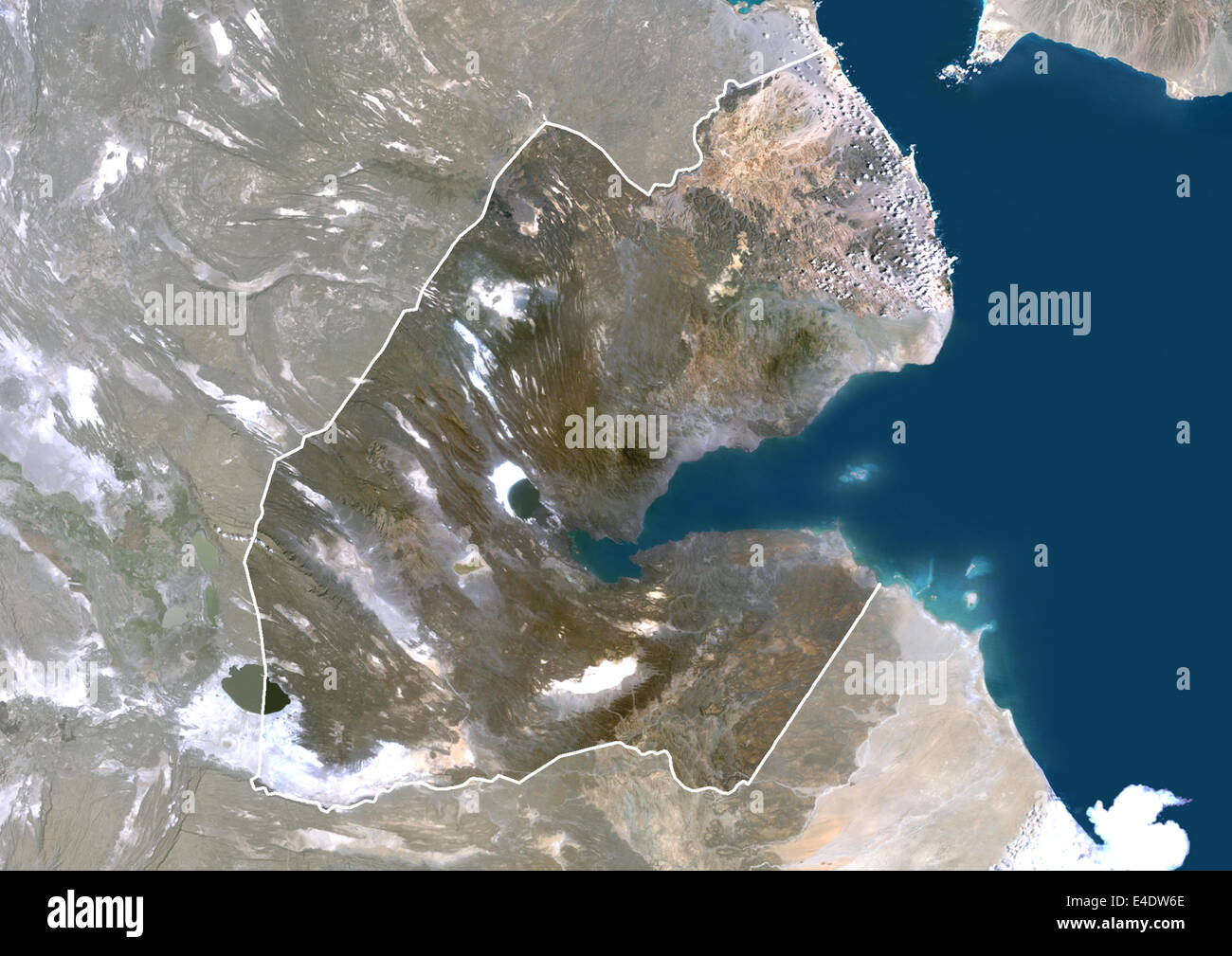 Djibouti, Africa, True Colour Satellite Image With Border And Mask. Satellite view of Djibouti (with border and mask). This imag Stock Photo