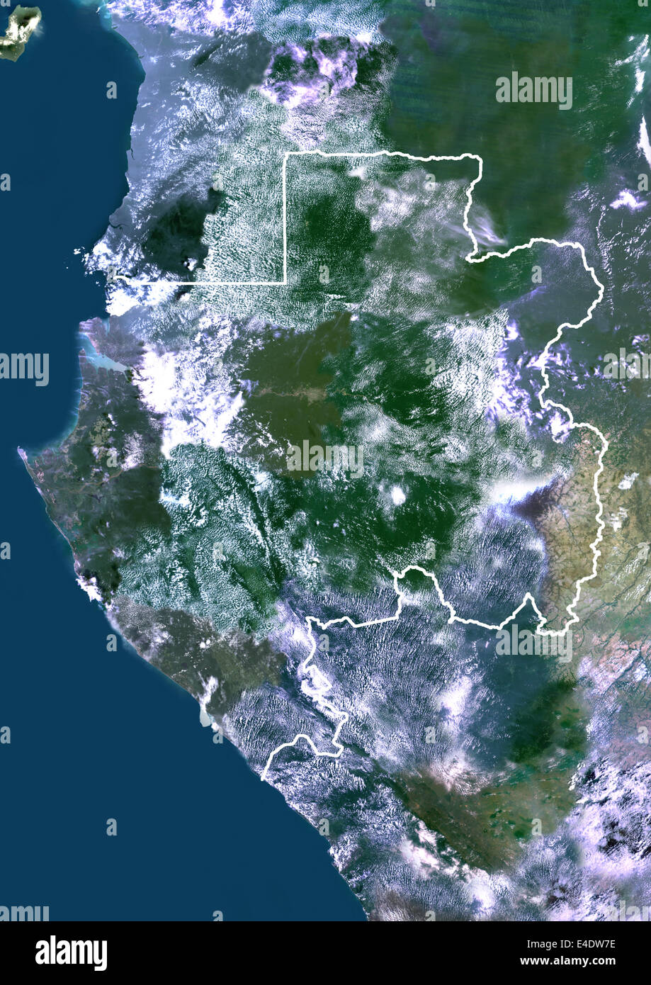 Gabon, Africa, True Colour Satellite Image With Border. Satellite view of Gabon (with border). This image was compiled from data Stock Photo
