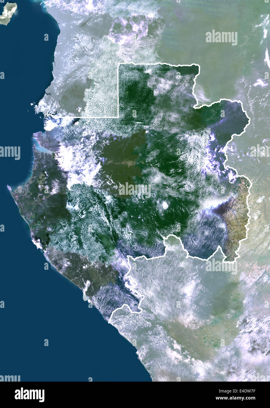 Gabon, Africa, True Colour Satellite Image With Border And Mask. Satellite view of Gabon (with border and mask). This image was Stock Photo