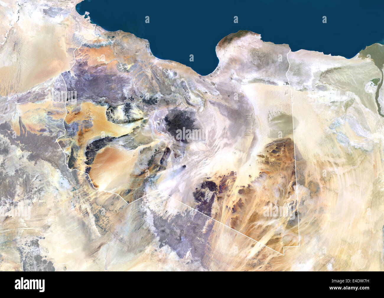 Libya, Africa, True Colour Satellite Image With Border And Mask. Satellite view of Libya (with border and mask). This image was Stock Photo