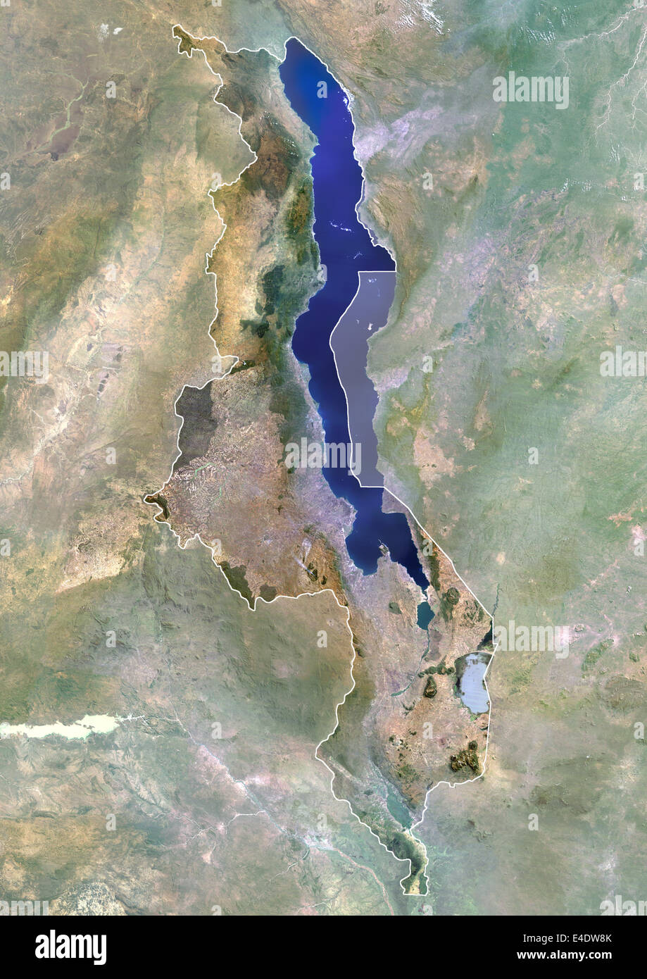 Malawi, Africa, True Colour Satellite Image With Border And Mask. Satellite view of Malawi (with border and mask). This image wa Stock Photo