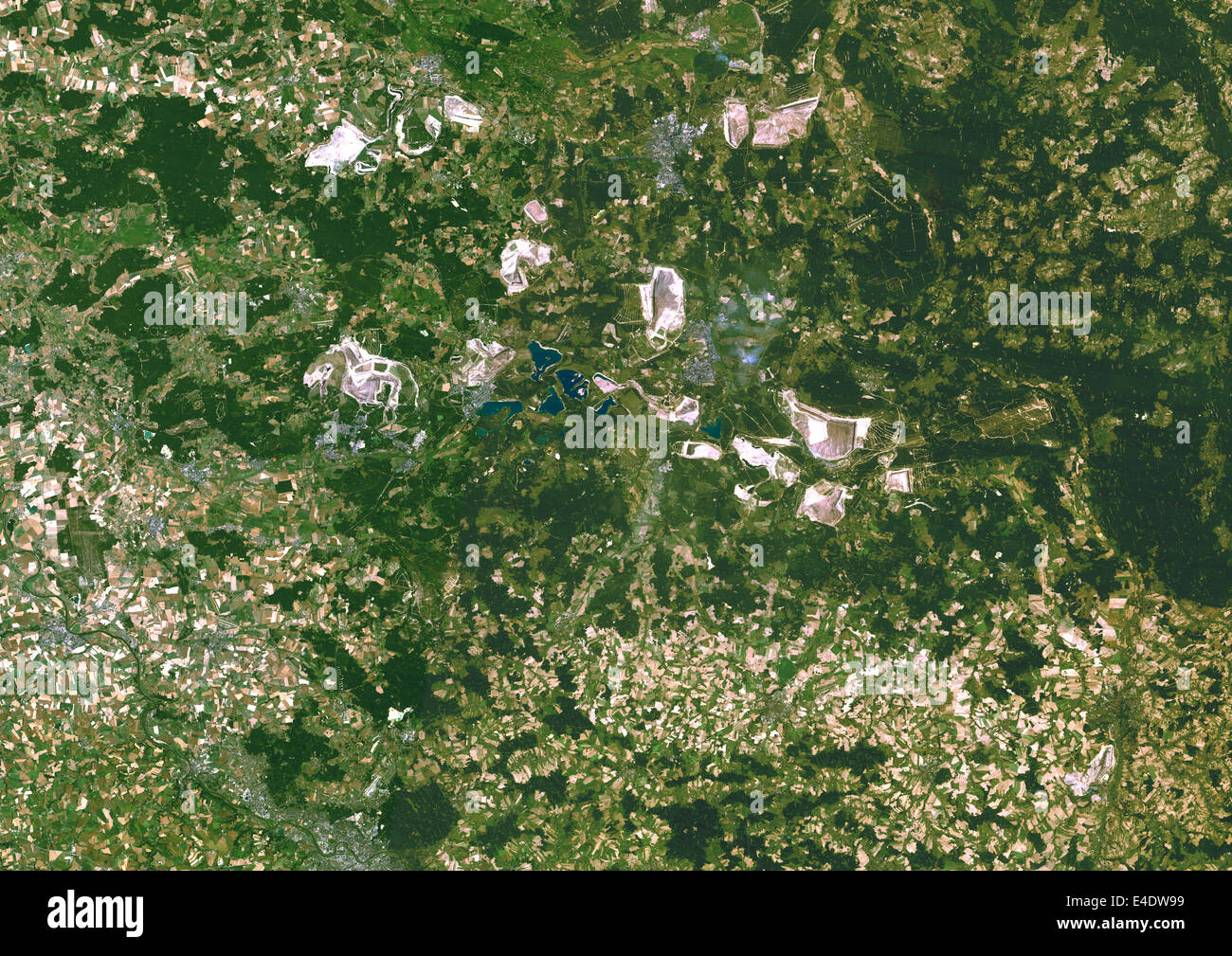 Brown Coal Mines, Dresden, Germany, True Colour Satellite Image. Open air lignite coal mining areas (in white), North of Dresden Stock Photo