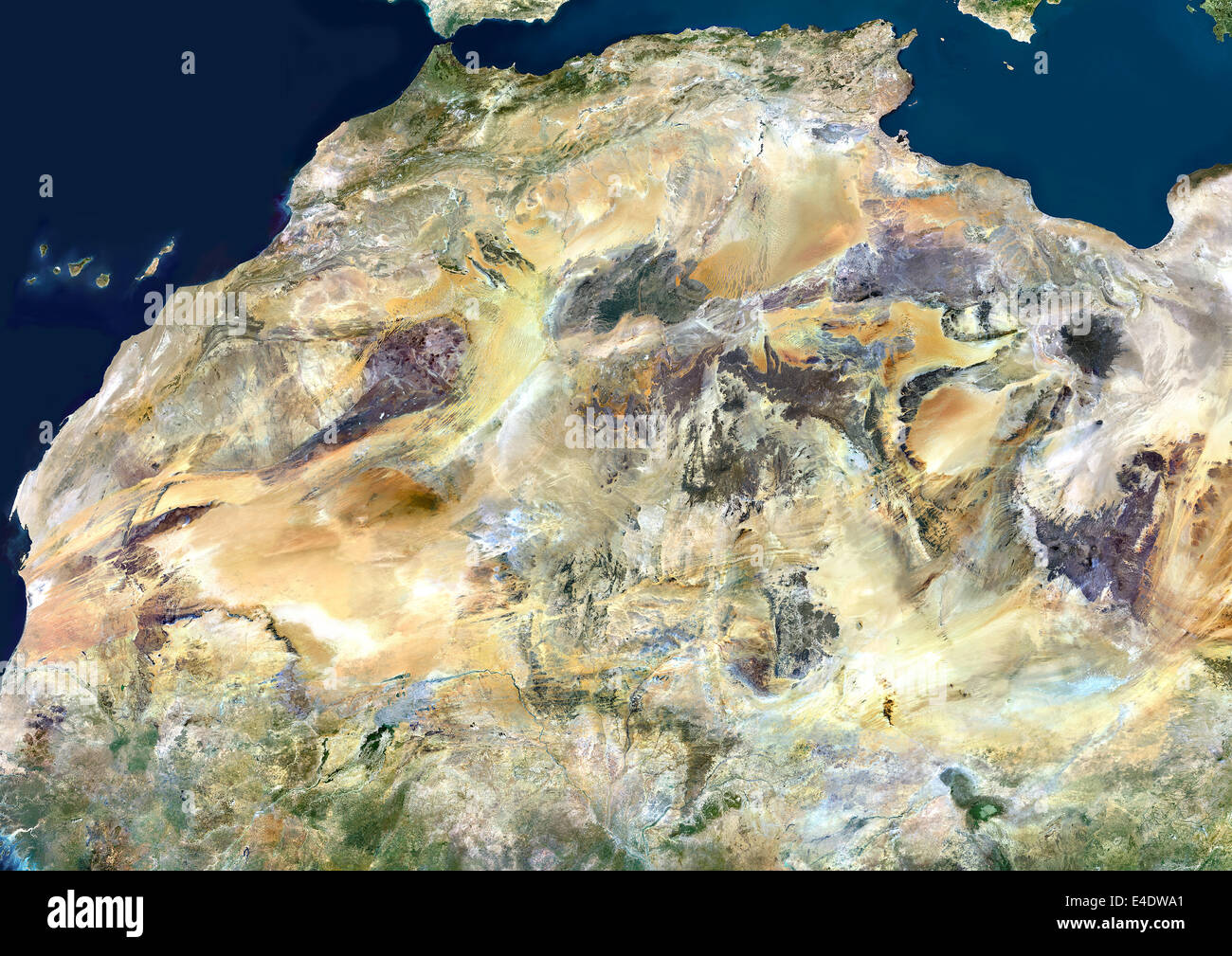 Sahara Desert, Africa, True Colour Satellite Image. Sahara desert, true colour satellite image. The Sahara is the world's larges Stock Photo