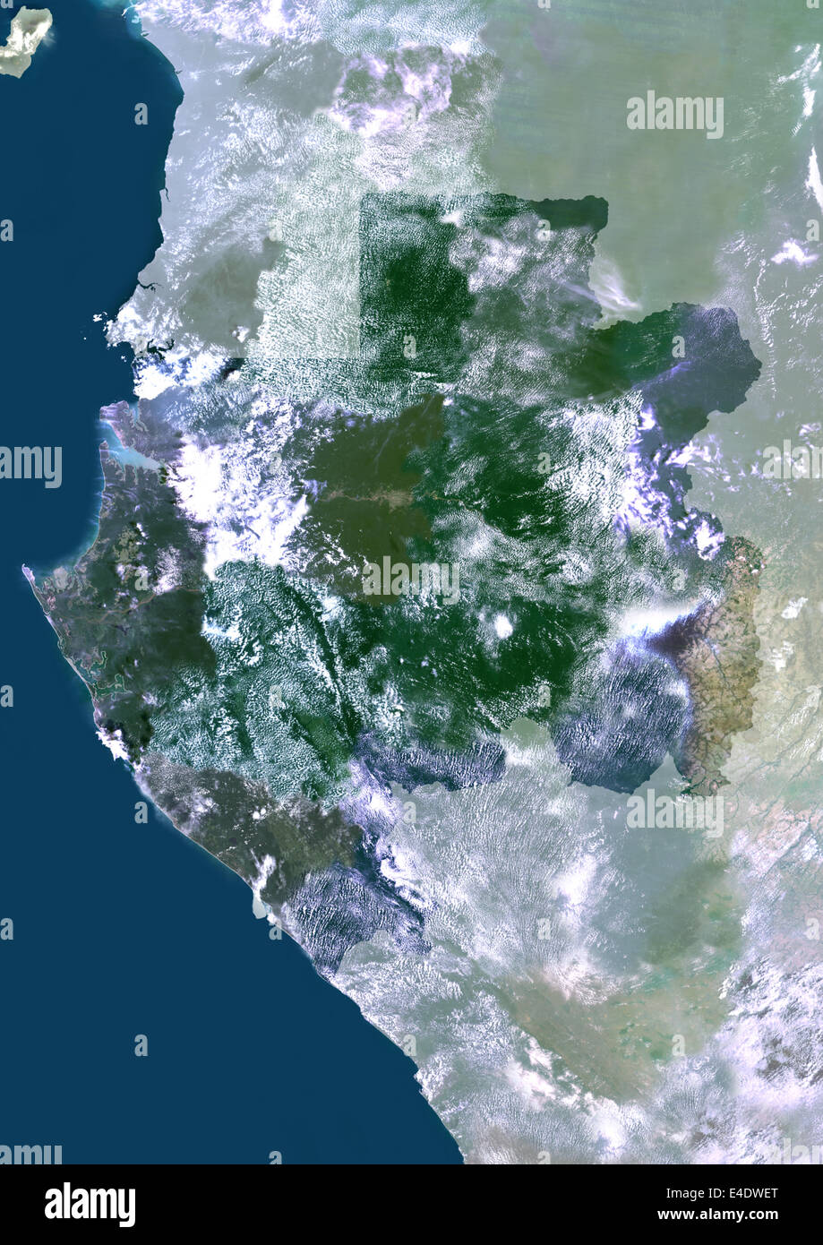 Gabon, Africa, True Colour Satellite Image With Mask. Satellite view of Gabon (with mask). This image was compiled from data acq Stock Photo