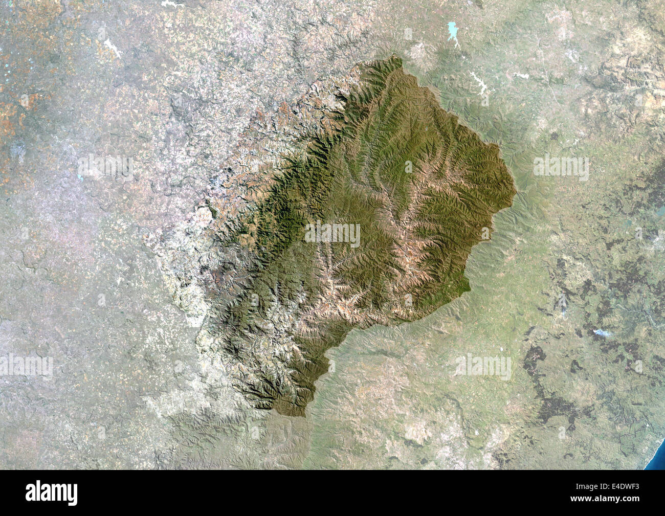 Lesotho, Africa, True Colour Satellite Image With Mask. Satellite view of Lesotho (with mask). This image was compiled from data Stock Photo