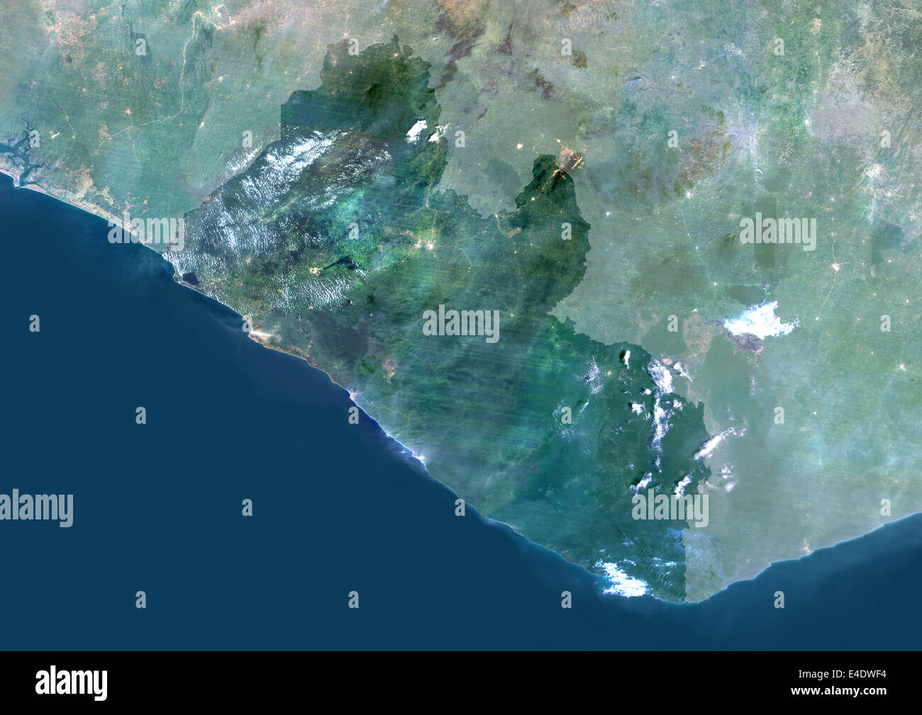 Liberia, Africa, True Colour Satellite Image With Mask. Satellite view of Liberia (with mask). This image was compiled from data Stock Photo