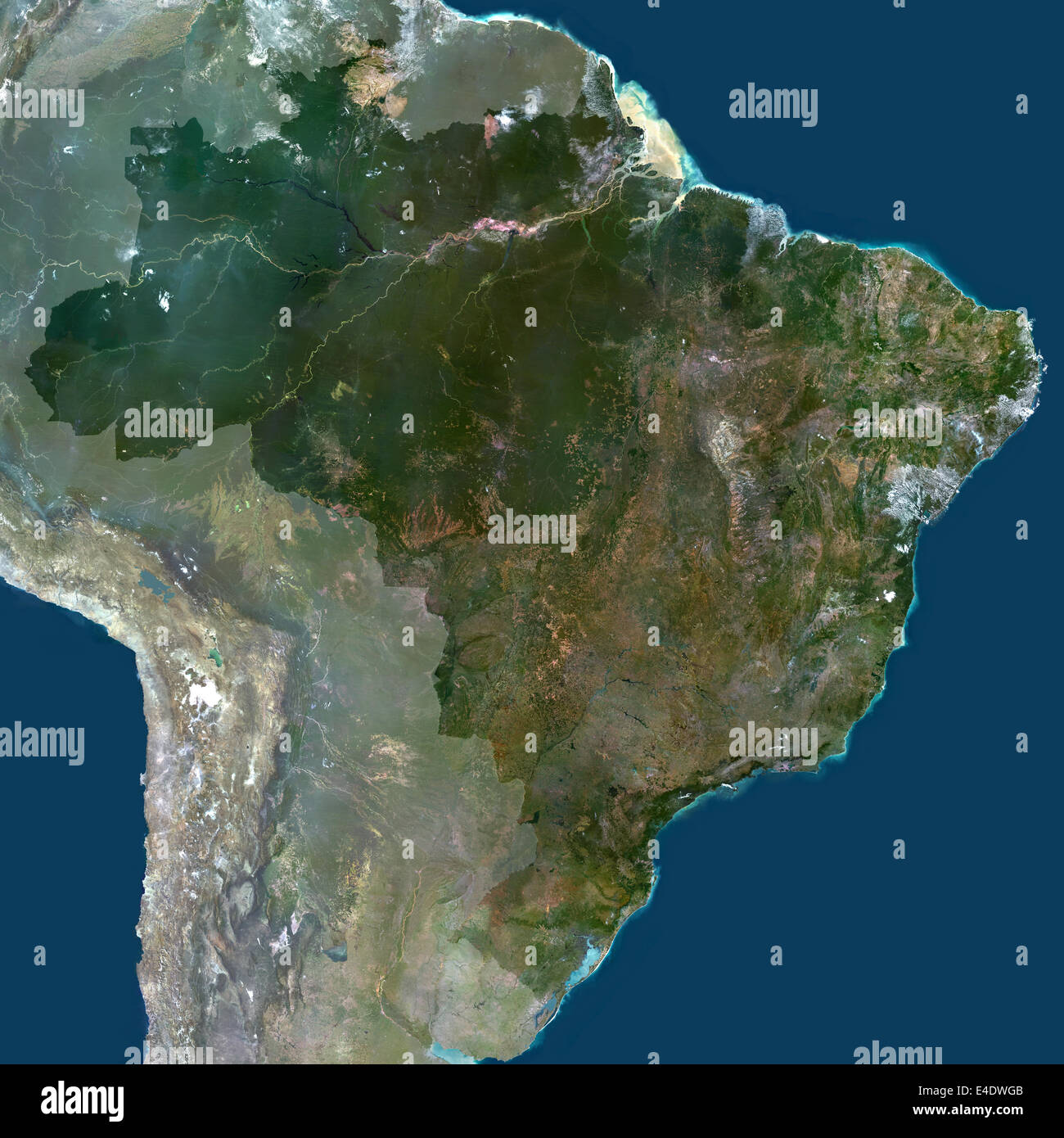 Brazil, South America, True Colour Satellite Image With Mask. Satellite view of Brazil (with mask), print size 42x42cm. This ima Stock Photo