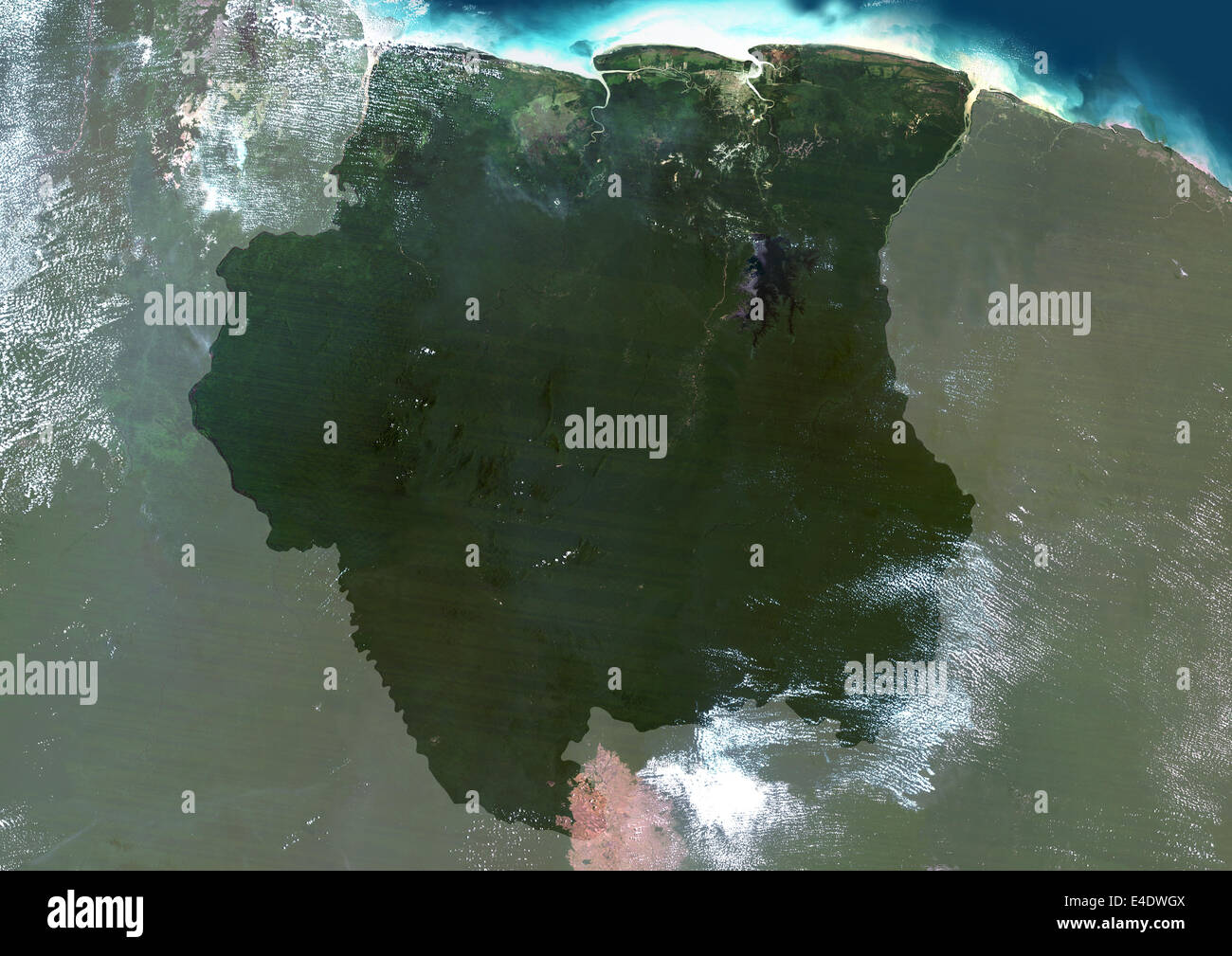 Suriname, South America, True Colour Satellite Image With Mask. Satellite view of Suriname (with mask). This image was compiled Stock Photo