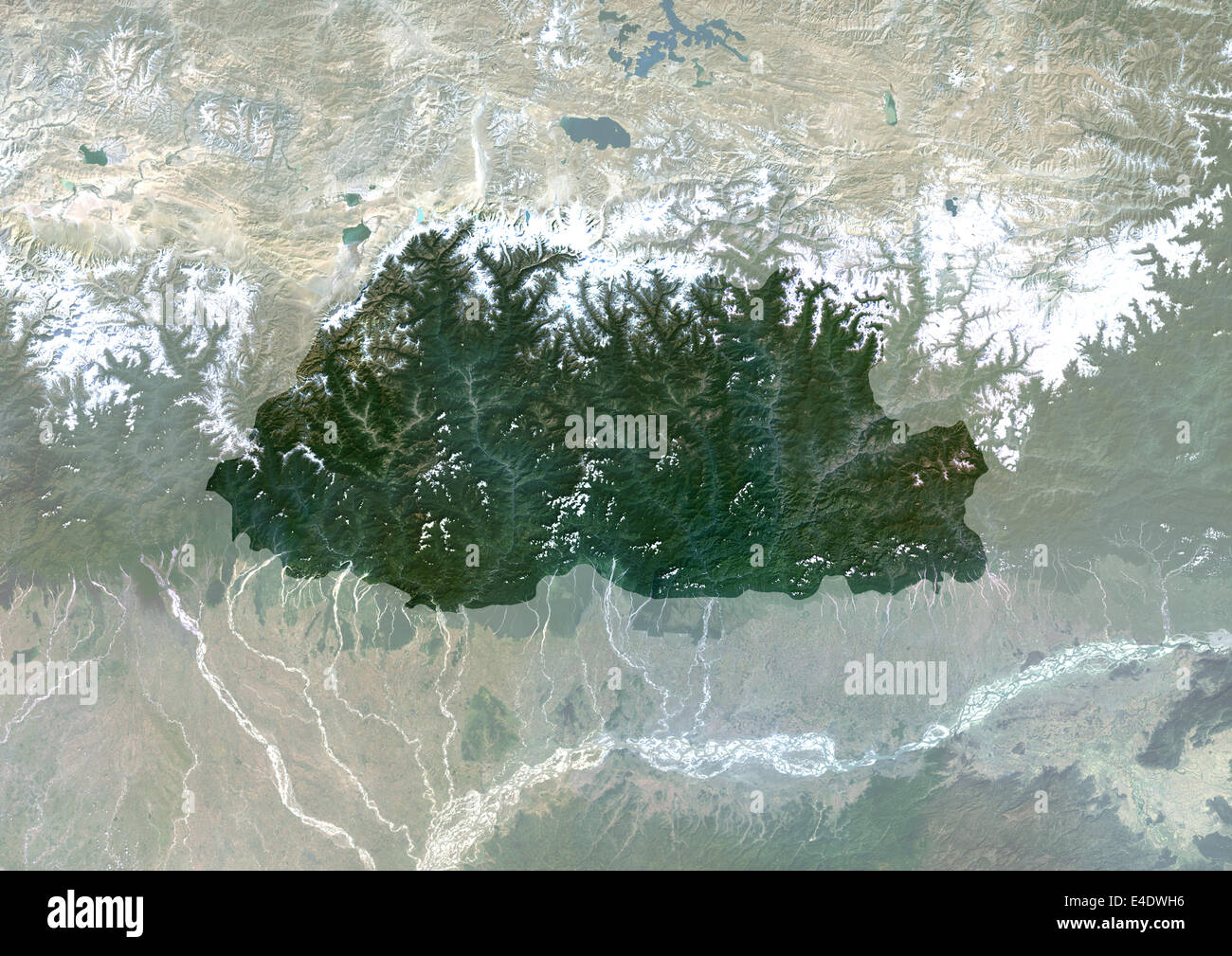 Bhutan, Asia, True Colour Satellite Image With Mask. Satellite view of Bhutan (with mask). This image was compiled from data acq Stock Photo