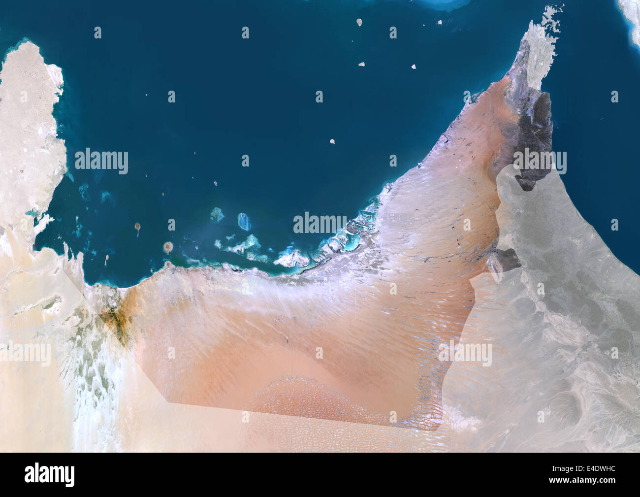 United Arab Emirates, Middle East, Asia, True Colour Satellite Image With Mask. Satellite view of United Arab Emirates (with mas Stock Photo