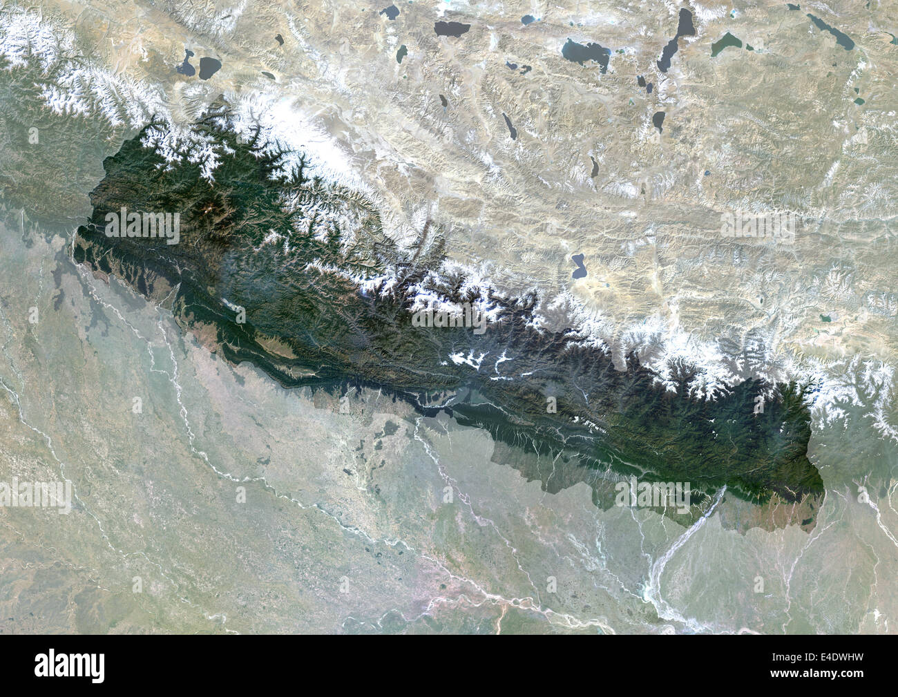 Nepal, Asia, True Colour Satellite Image With Mask. Satellite view of Nepal (with mask). This image was compiled from data acqui Stock Photo