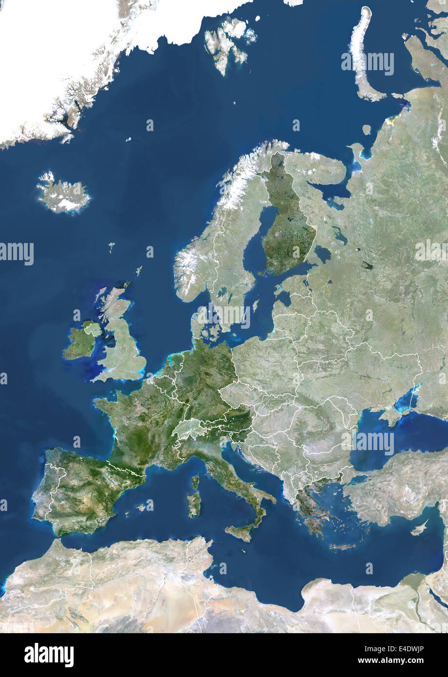 Eurozone In 2007, True Colour Satellite Image With Mask And Borders. True colour satellite image of the Eurozone in 2007, showin Stock Photo