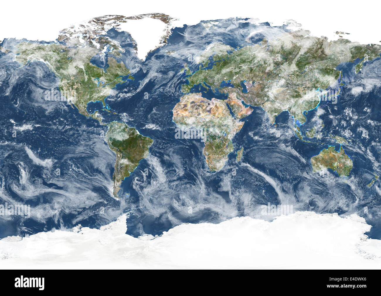 Whole Earth With Cloud Coverage, True Colour Satellite Image. True colour satellite image of the whole Earth with cloud coverage Stock Photo