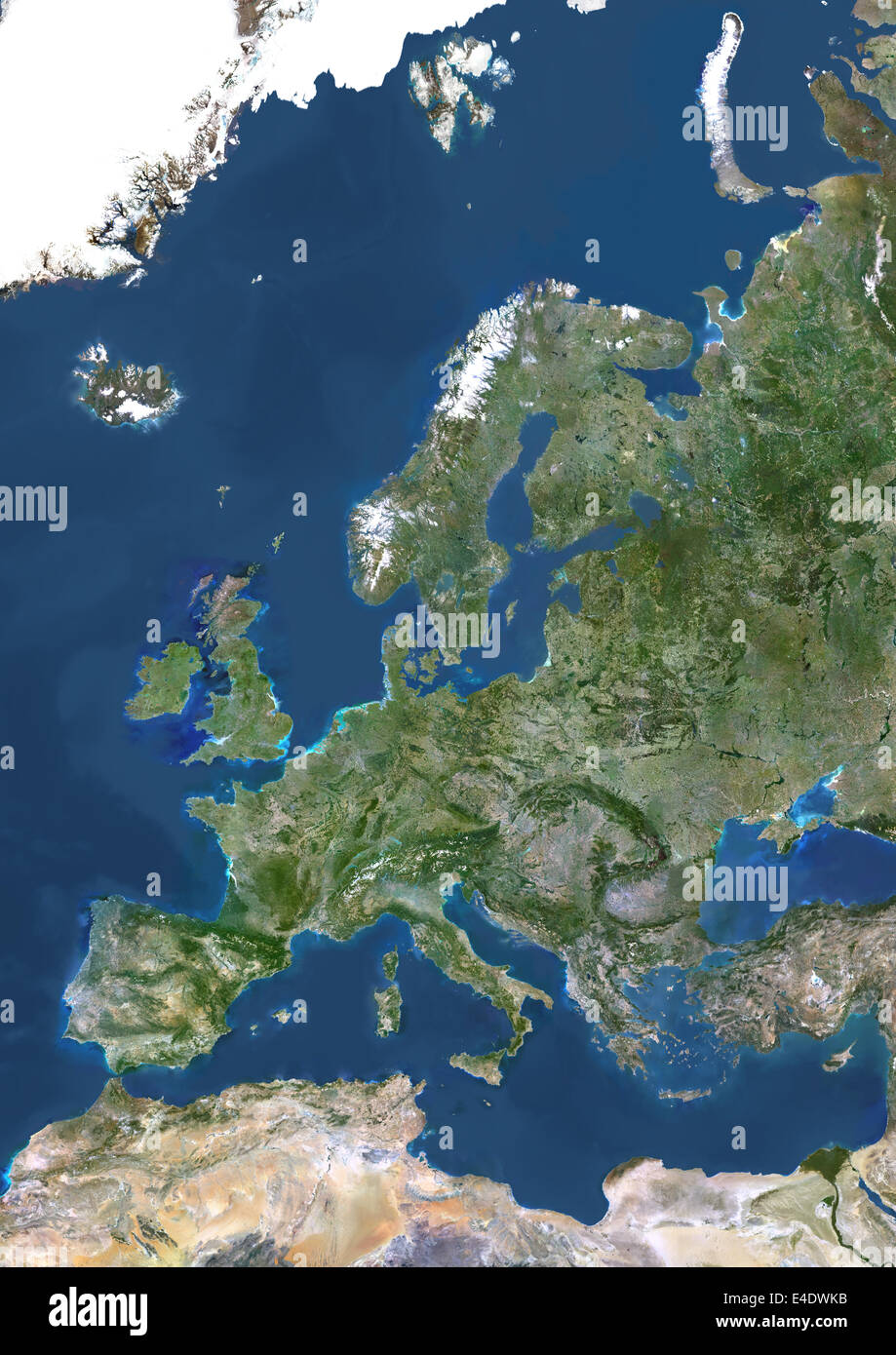 Europe, True Colour Satellite Image. True colour satellite image of Europe. This image in Lambert Conformal Conic projection was Stock Photo