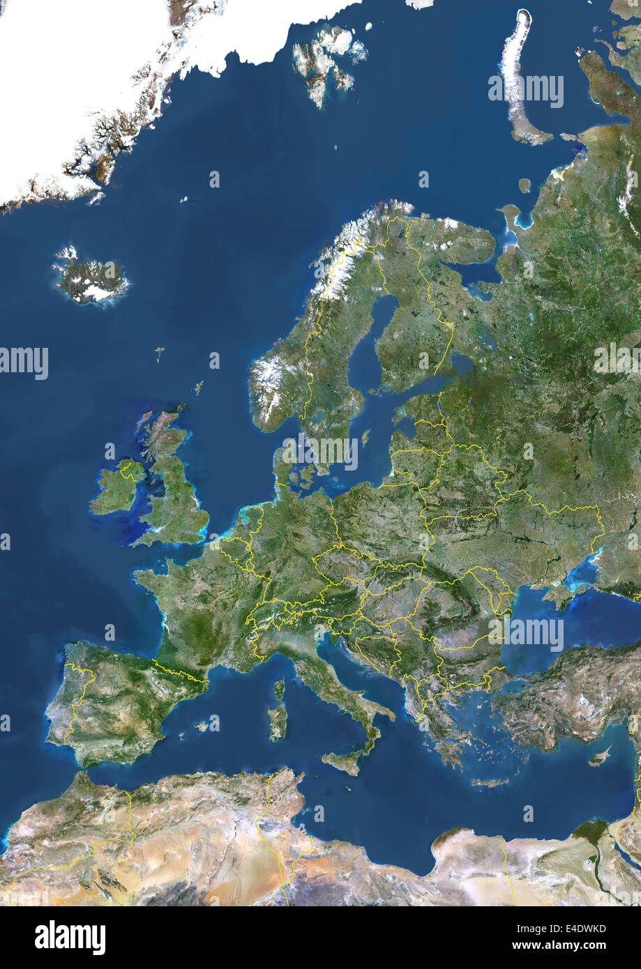 Europe With Country Borders, True Colour Satellite Image. True colour satellite image of Europe with country borders. This image Stock Photo
