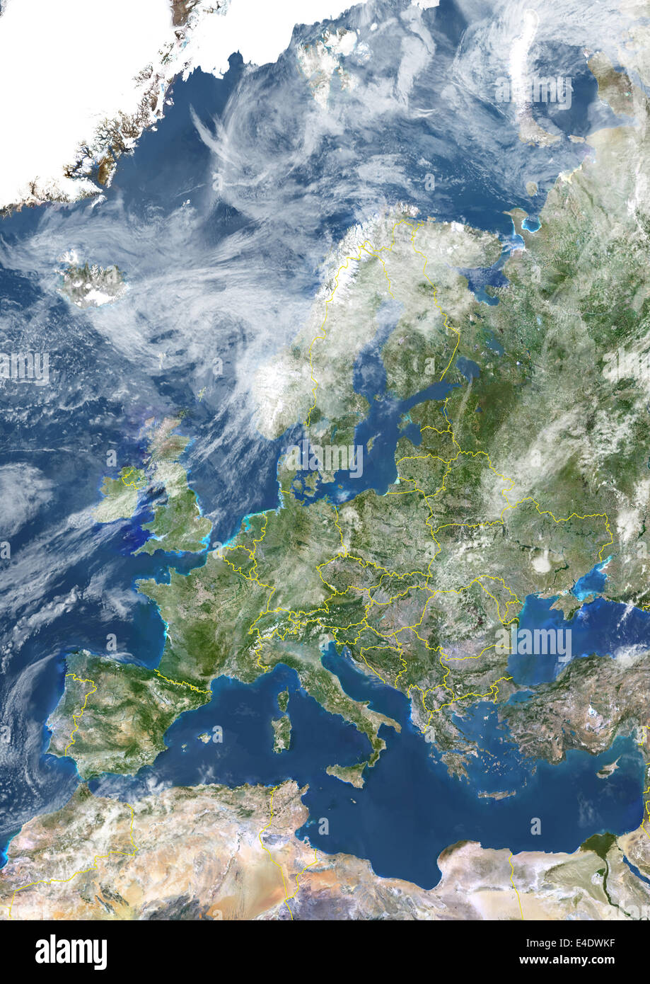 Europe With Country Borders And Cloud Coverage, True Colour Satellite Image. True colour satellite image of Europe with country Stock Photo