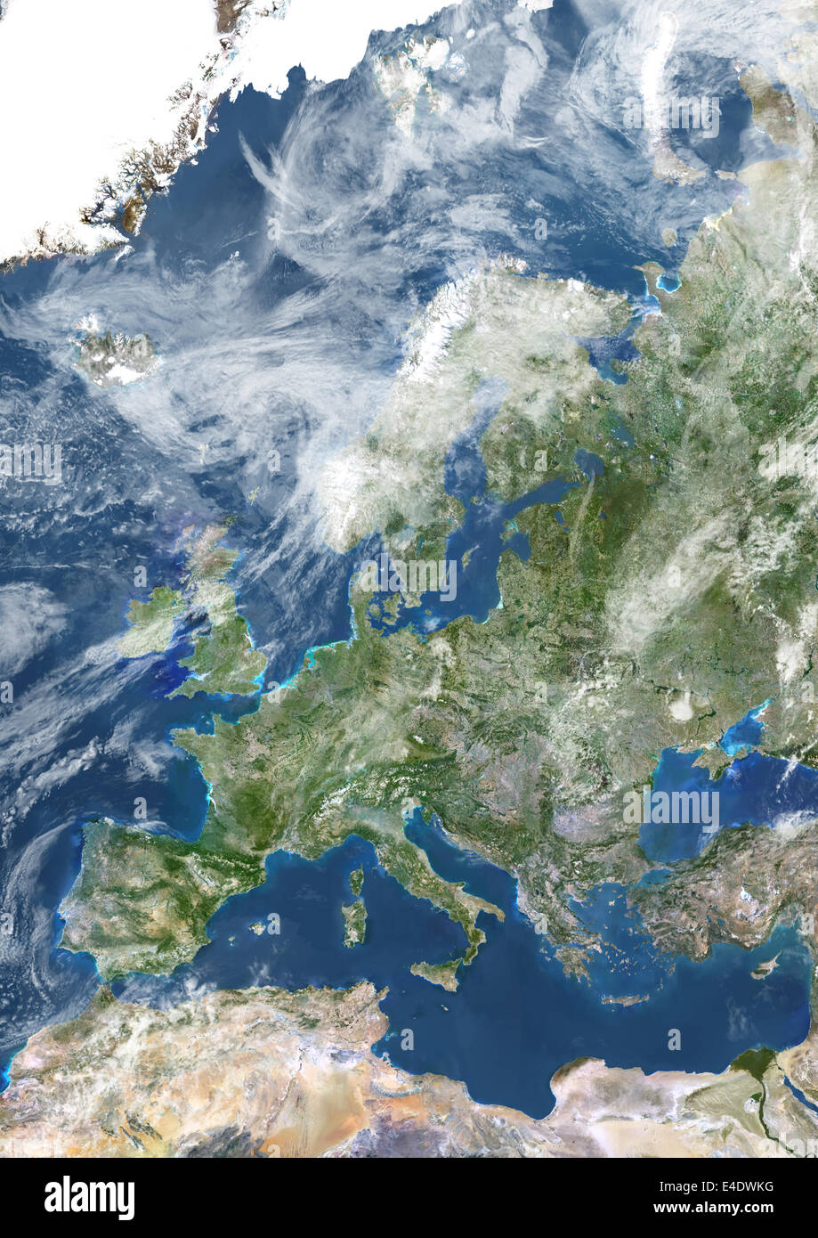Europe With Cloud Coverage, True Colour Satellite Image. True colour satellite image of Europe with cloud coverage. This image i Stock Photo