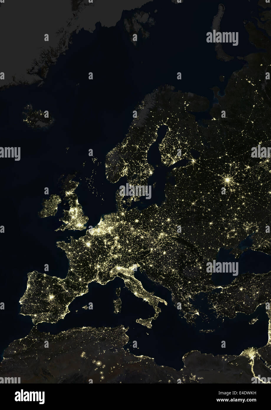 Europe At Night, True Colour Satellite Image. True colour satellite image of Europe at night. This image in Lambert Conformal Co Stock Photo