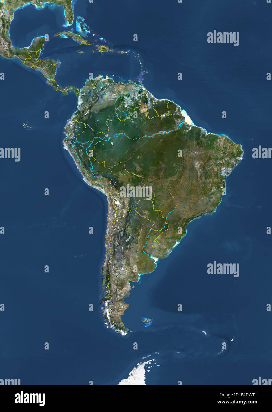 South America With Country Borders And Major Rivers, True Colour