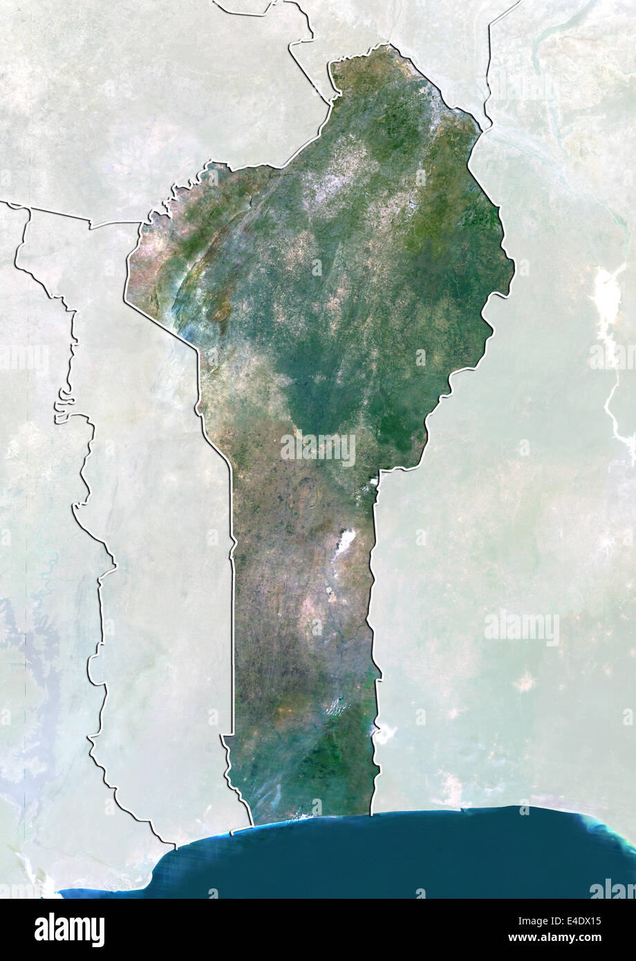 Benin, True Colour Satellite Image With Border and Mask Stock Photo
