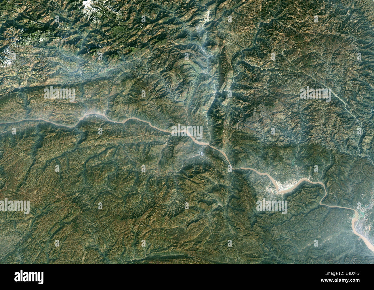 Three Gorges Region, China, In 1987, True Colour Satellite Image. True colour satellite image of the Three Gorges region along t Stock Photo