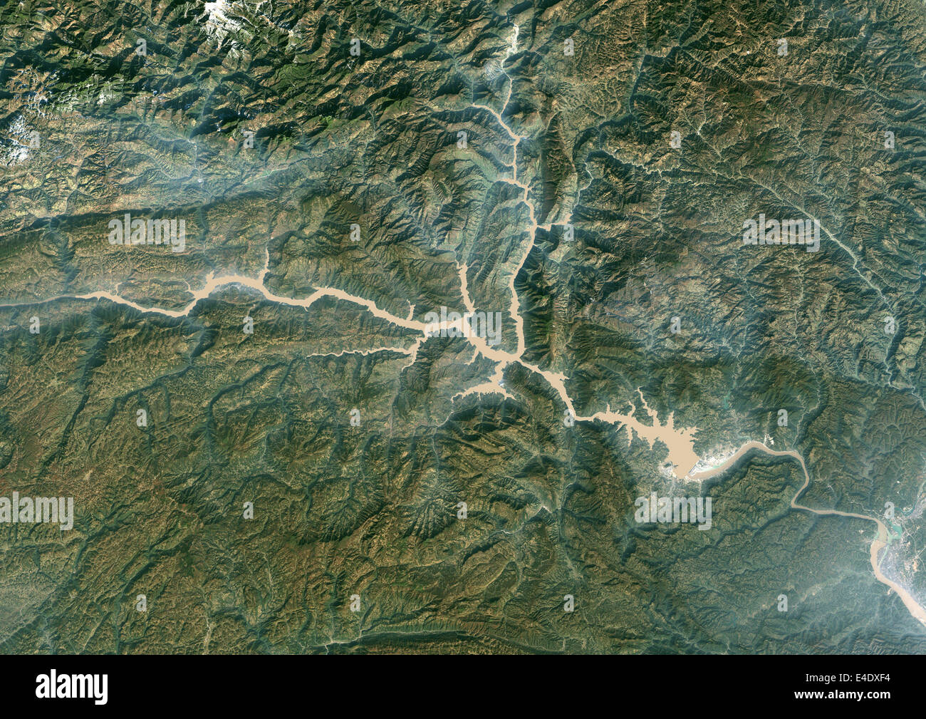 Three Gorges Region, China, In 2000, True Colour Satellite Image. True colour satellite image of the Three Gorges region along t Stock Photo