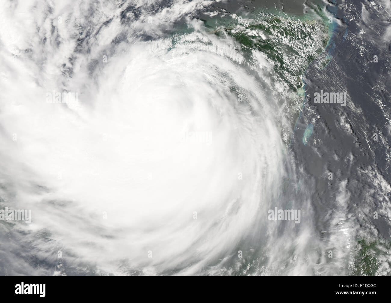 Hurricane Dean, Mexico, In 2007, True Colour Satellite Image. Hurricane Dean on 21 August 2007 over the Yucatan, Mexico. It was Stock Photo