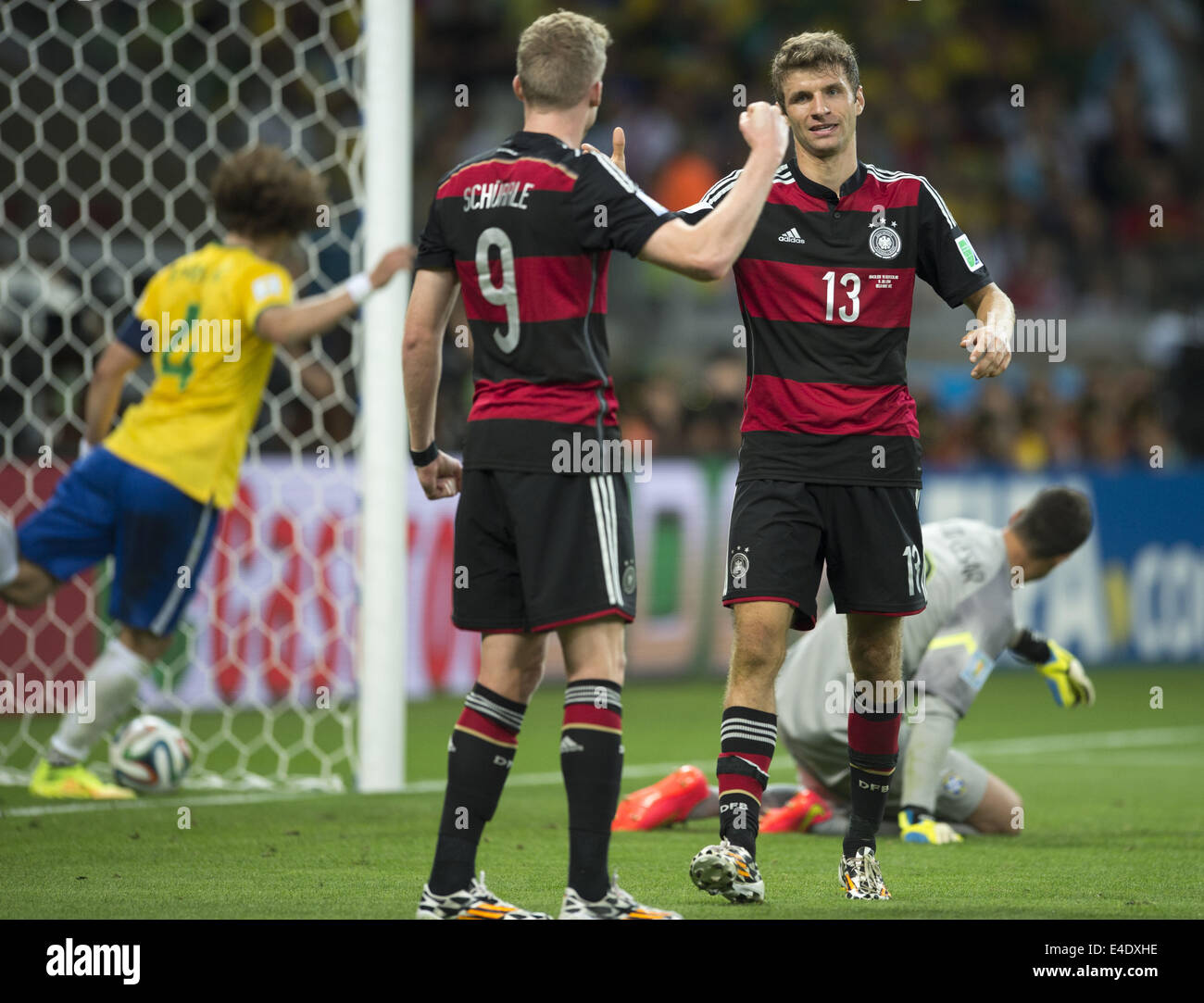 Belo Horizonte, Brazil. 8th July, 2014.  Schurrle and Thomas Muller celebration in semifinal match between Brazil and Germany, played at Mineirao stadium, 08 July 2014, correspondind to the 2014 World Cup. Photo: Urbanandsport/Nurphoto. Credit:  Urbanandsport/NurPhoto/ZUMA Wire/Alamy Live News Stock Photo