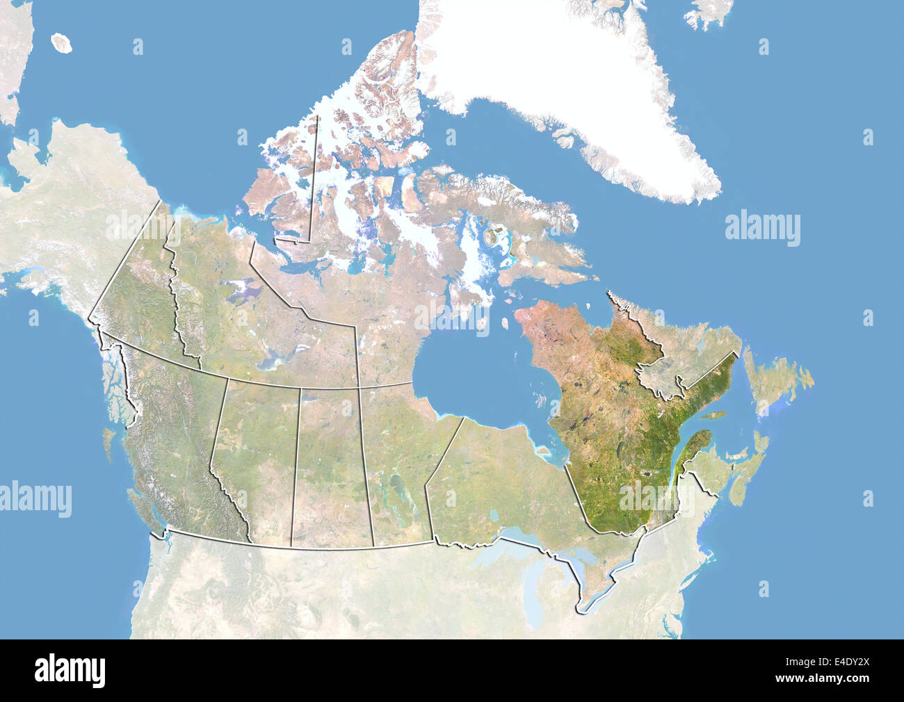 Canada and the Province of Quebec, Satellite Image With Bump Effect Stock Photo