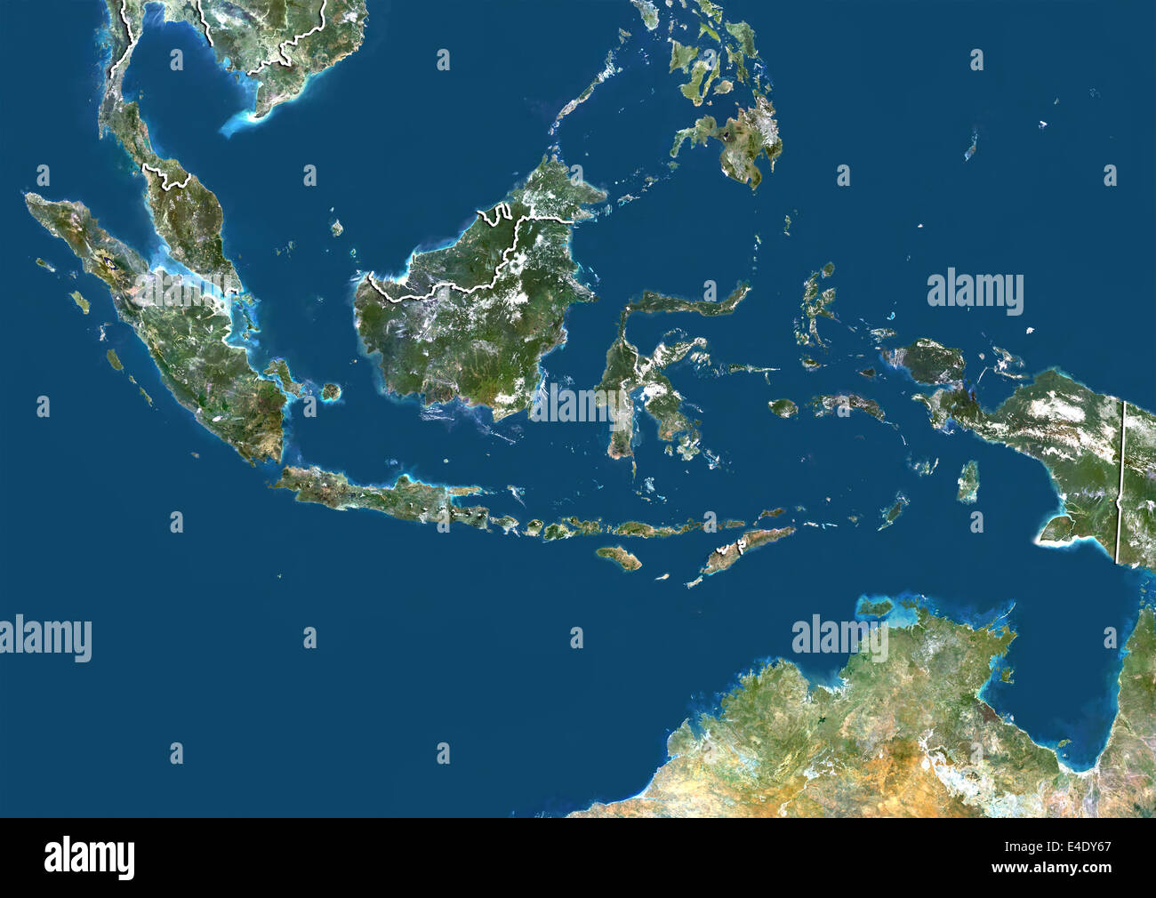 Indonesia, True Colour Satellite Image With Border Stock Photo