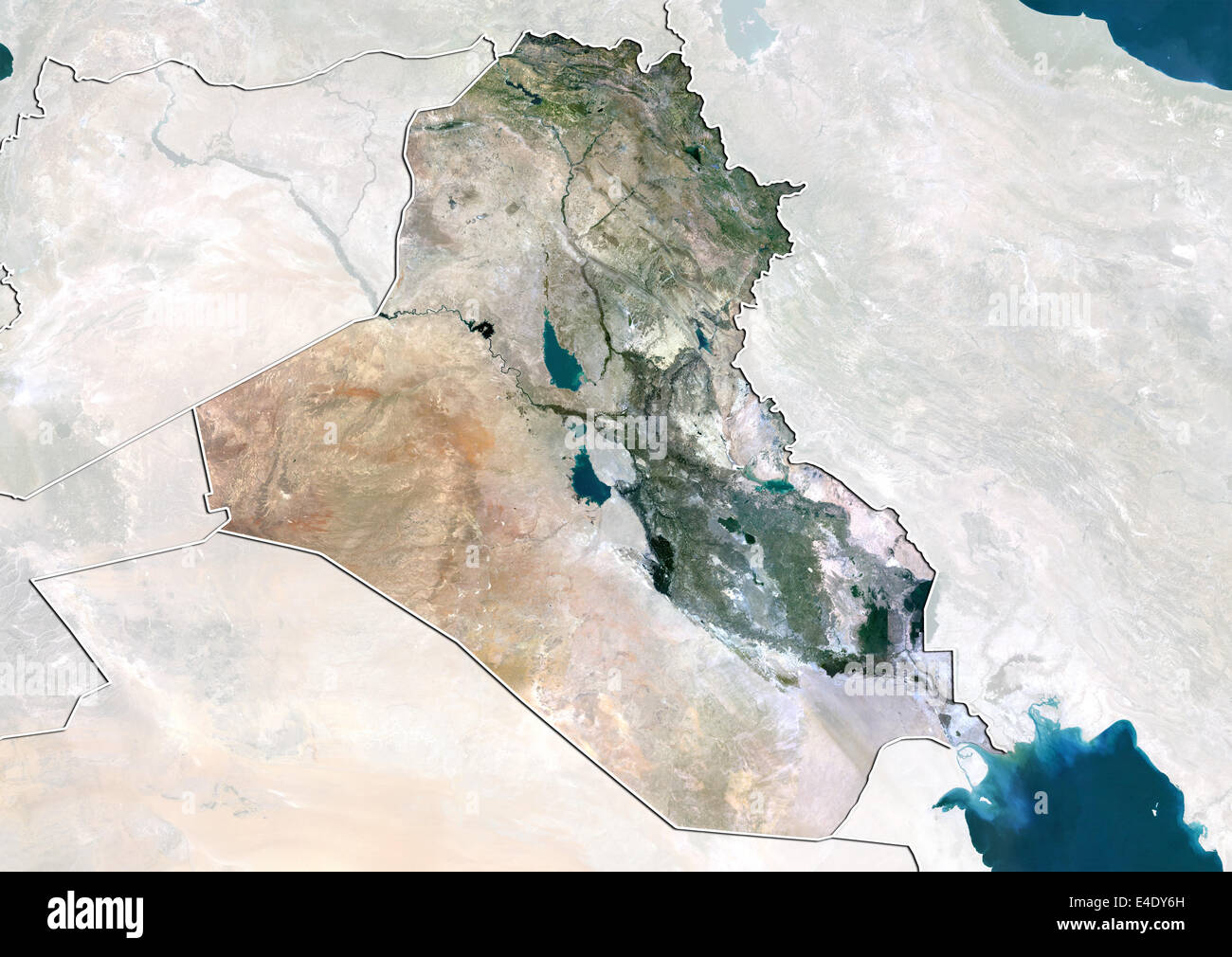 Iraq, True Colour Satellite Image With Border and Mask Stock Photo